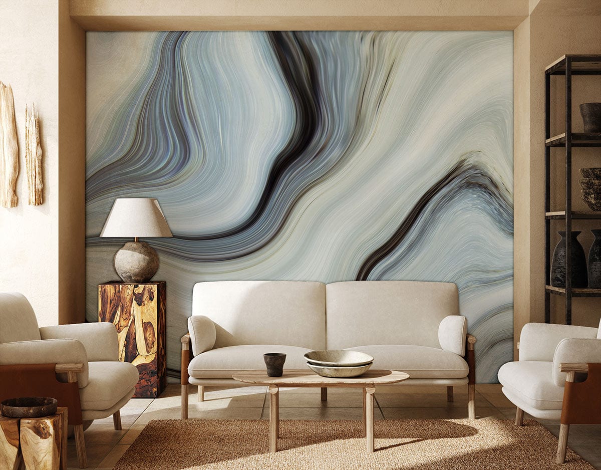 Living Room Wallpaper Mural Featuring a Flowing Blue Marble Pattern