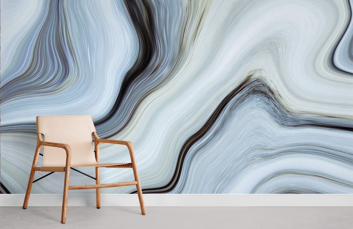 Mural Wallpaper in the Shape of Flowing Blue Marble in the Room