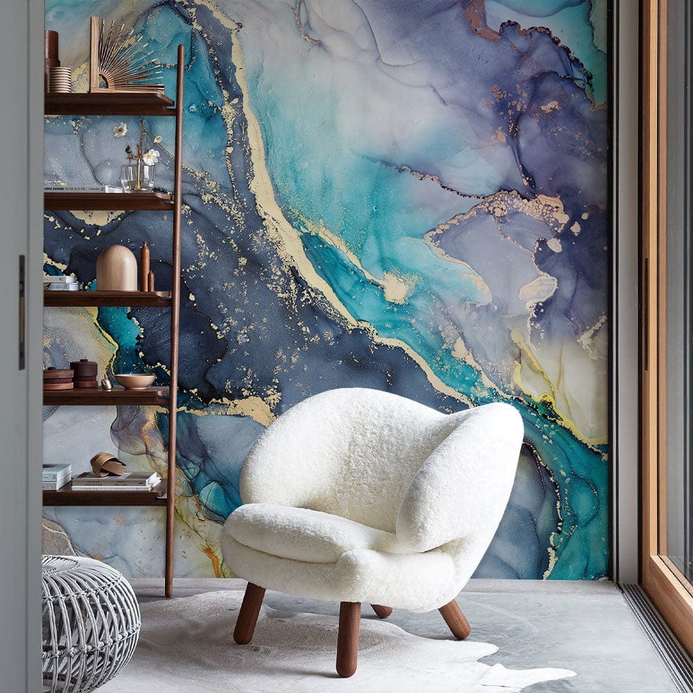 watercolor marble feature wall mural for cozy vibes geust room design