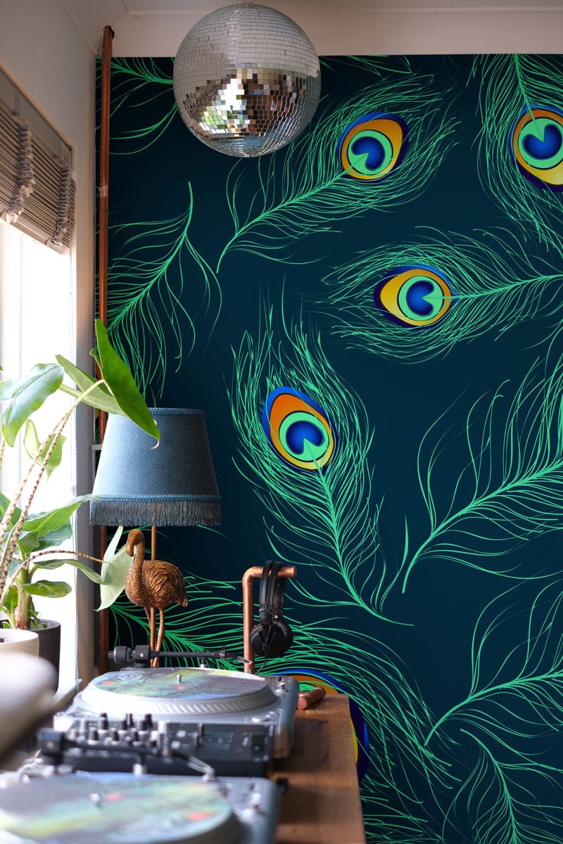 Hallway Decoration Using a Peacock Feather Wallpaper Mural in Fluorescent Colors