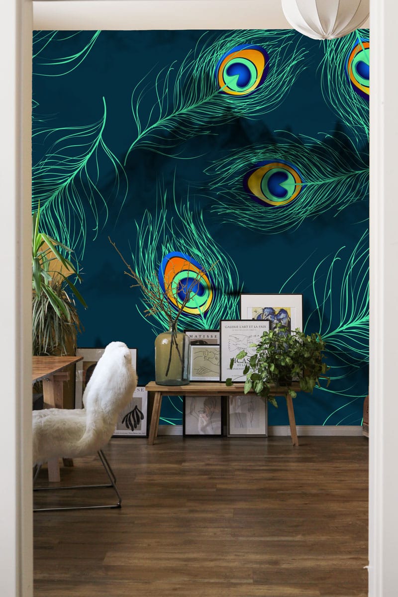 Peacock Feather Wallpaper Mural in Fluorescent Colors for Use as Hallway Decoration