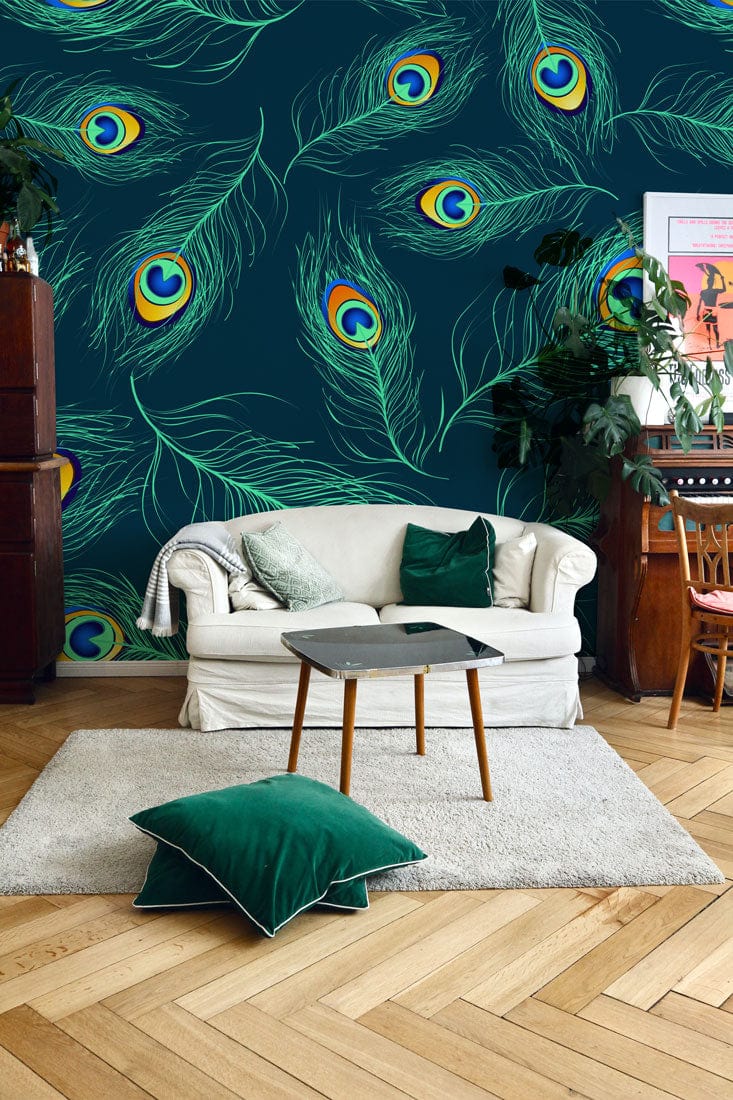 Peacock Feather Wallpaper Mural in Fluorescent Colors, Perfect for Decorating the Living Room