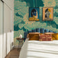Wallpaper mural with a fluorescent turquoise lotus design that can be used for decorating 