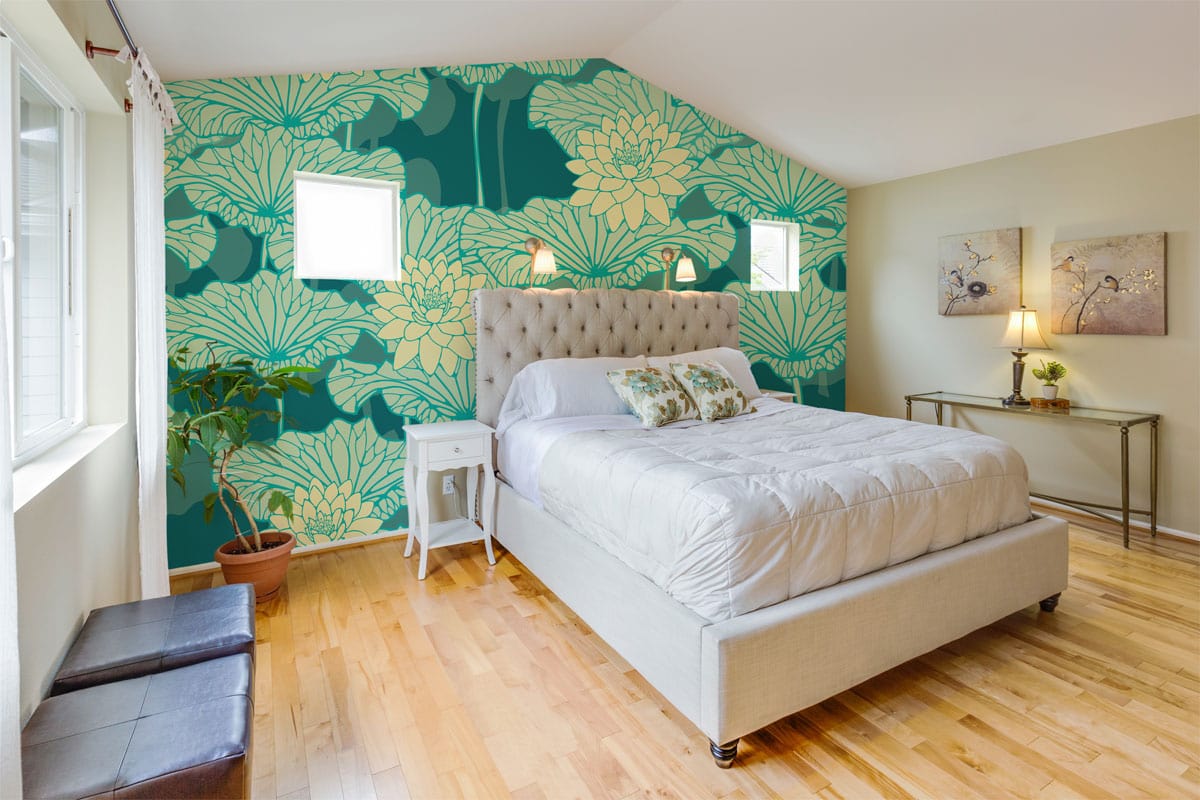 Wallpaper mural for the bedroom with a fluorescent turquoise lotus design.