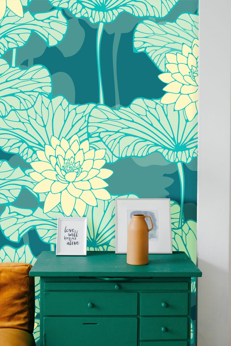 Wallpaper mural in a fluorescent turquoise lotus pattern for the hallway's decor.