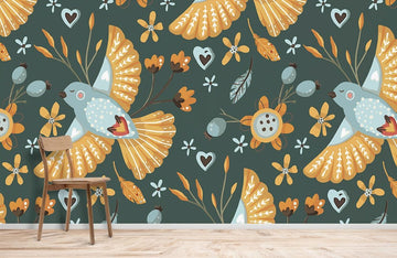 Whimsical Bird Floral Nature Mural Wallpaper