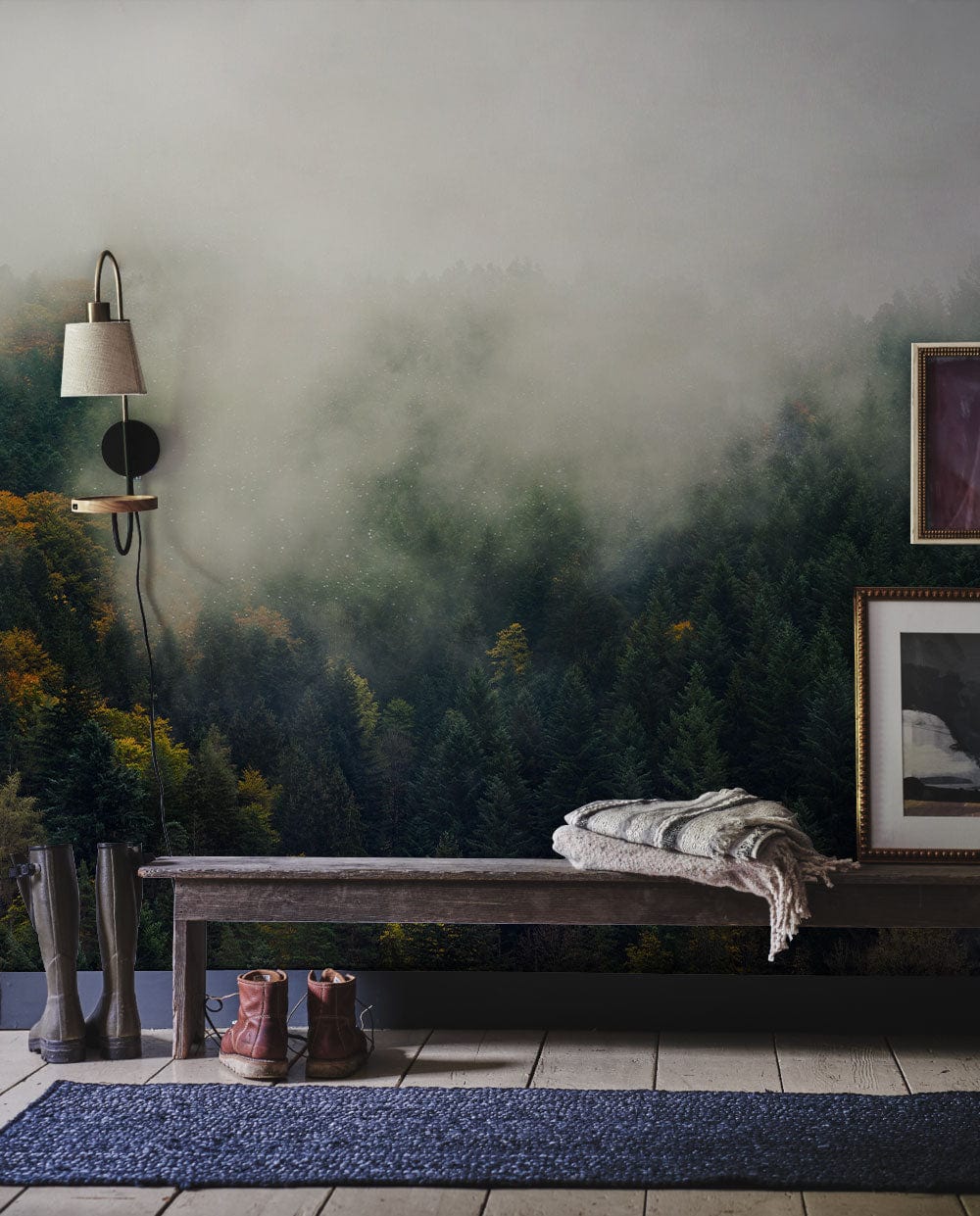 Hallway Decoration Featuring a Wallpaper Mural of a Foggy Forest