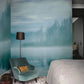 Wallpaper mural with a misty forest lake, ideal for use as a bedroom decoration
