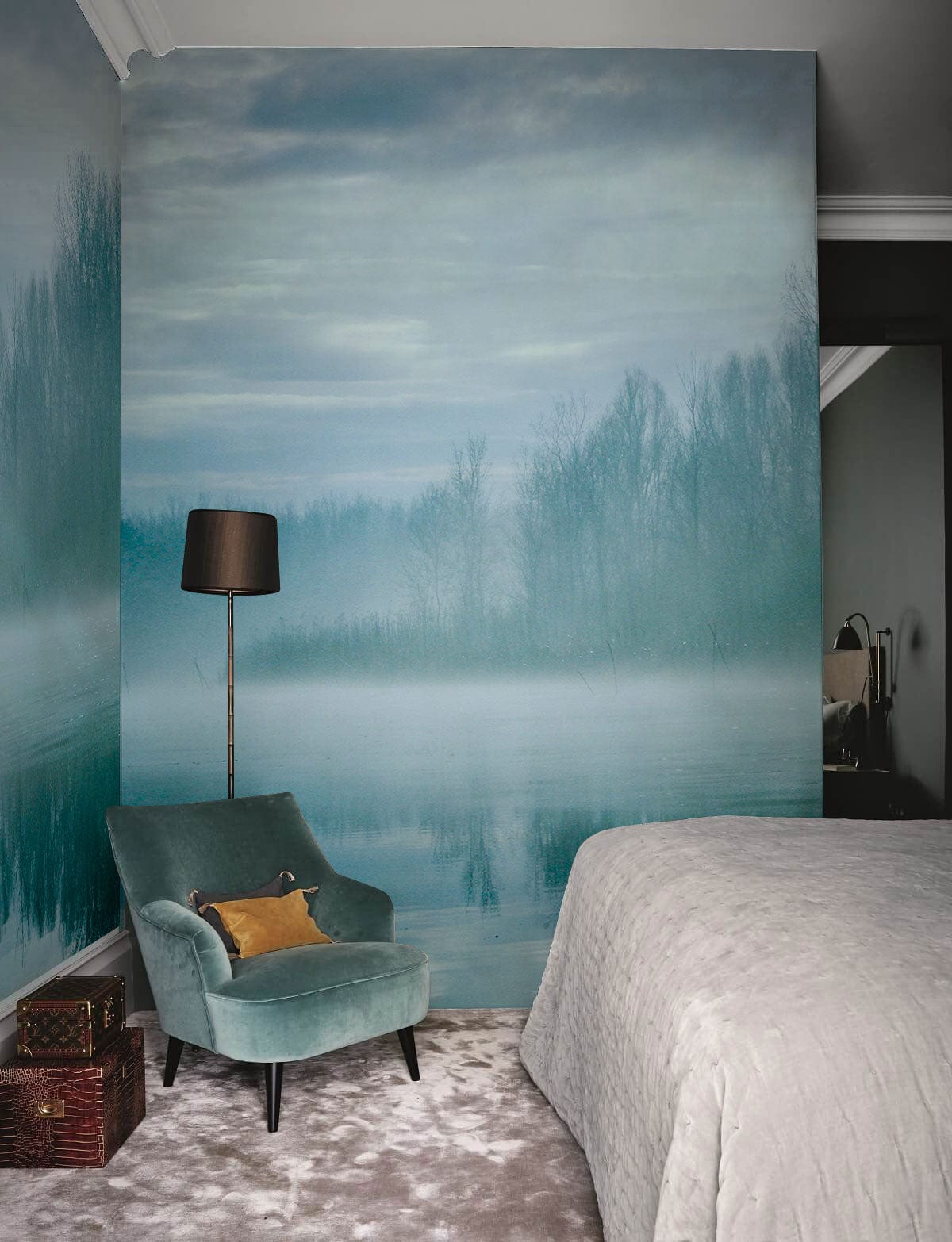 Wallpaper mural with a misty forest lake, ideal for use as a bedroom decoration