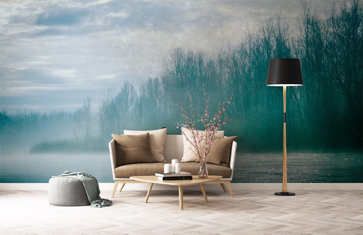 Wallpaper mural with a misty forest lake, perfect for the living room's decor