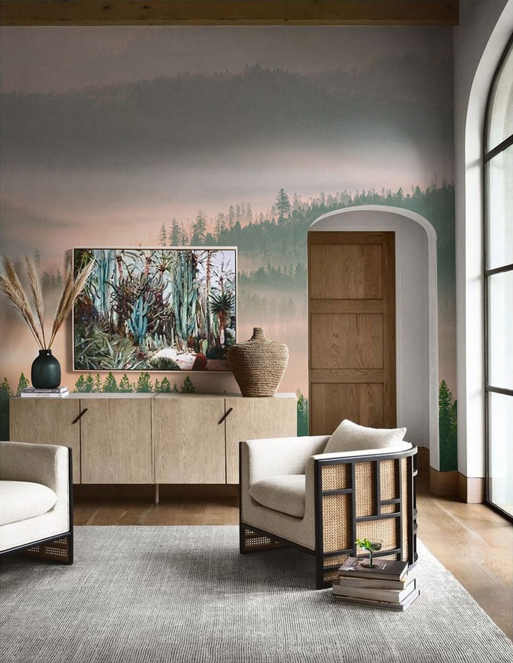 Wallpaper mural featuring a misty forest view, ideal for adorning the living room
