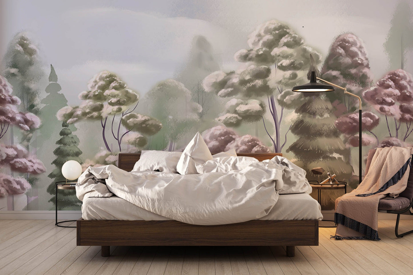 Wallpaper mural of a misty forest for use in decorating bedrooms