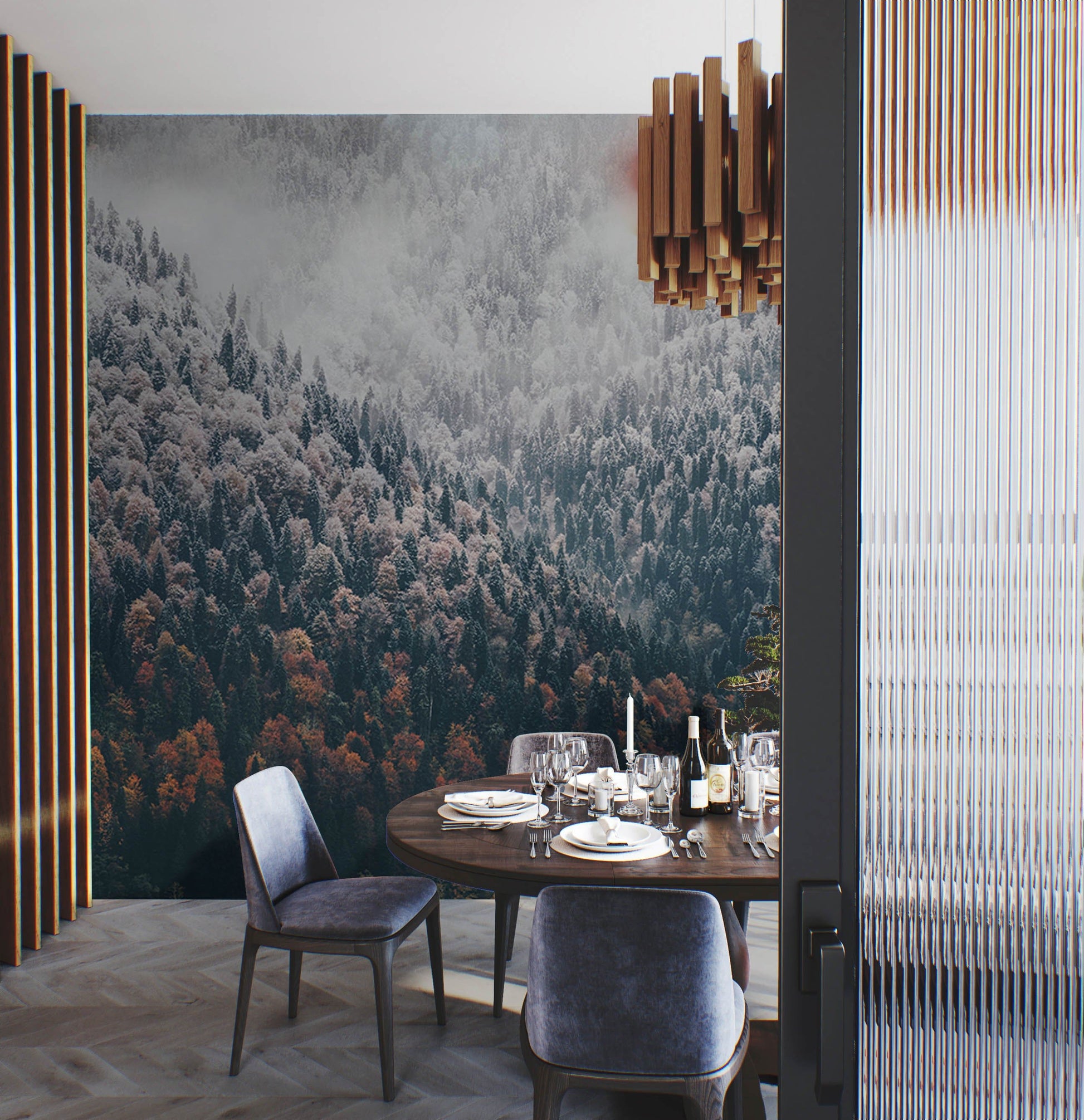 wallpaper mural featuring a misty pine forest to be used for the decoration of the dining room
