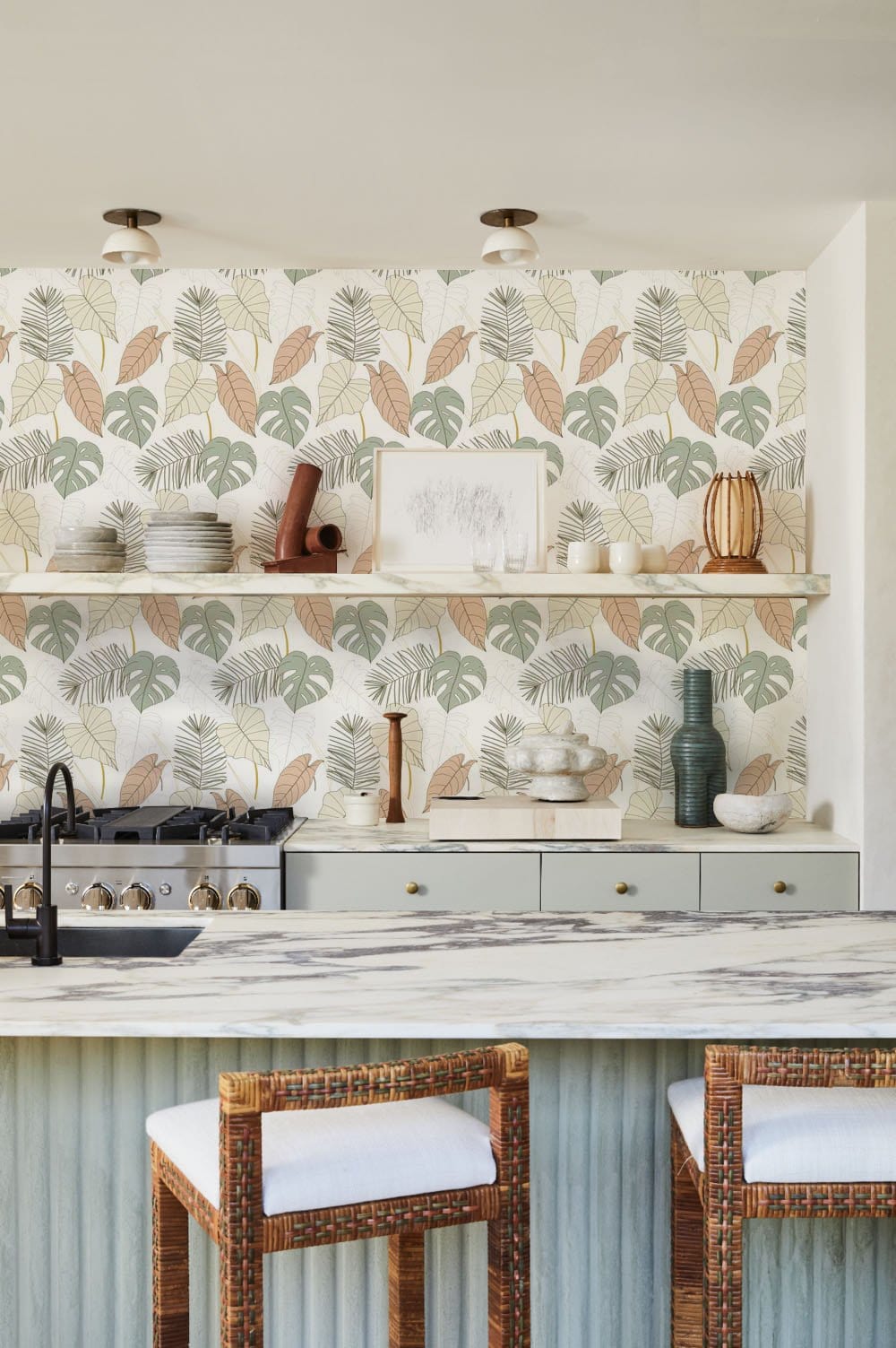 Wallpaper mural of foliage leaves for use as decoration in the dining area