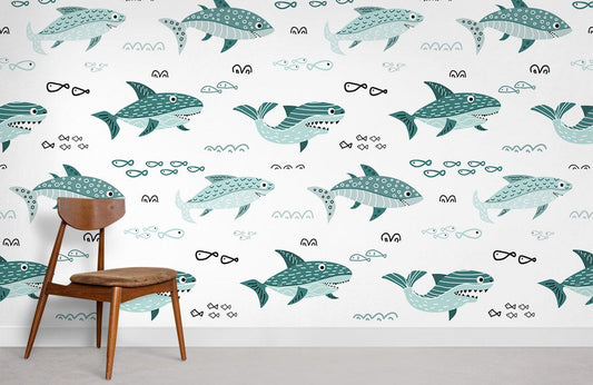 Foraging Sharks Green Murals Room Decoration Idea