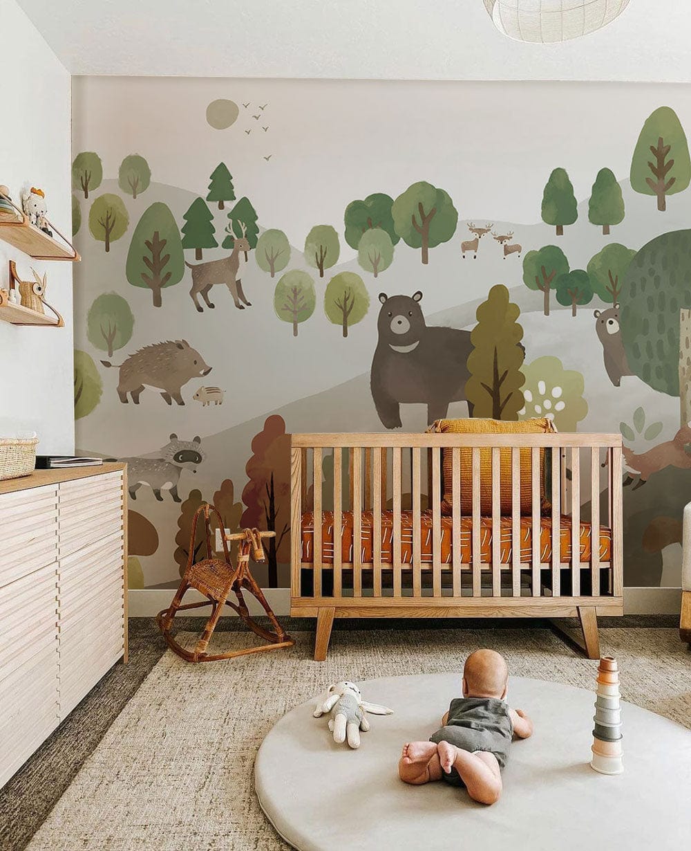forest animal party view nursery wallpaper