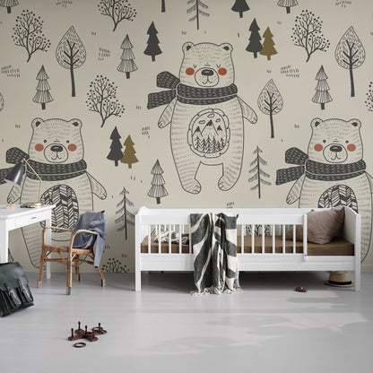 Wall painting with a bear in the forest, perfect for decorating your house.