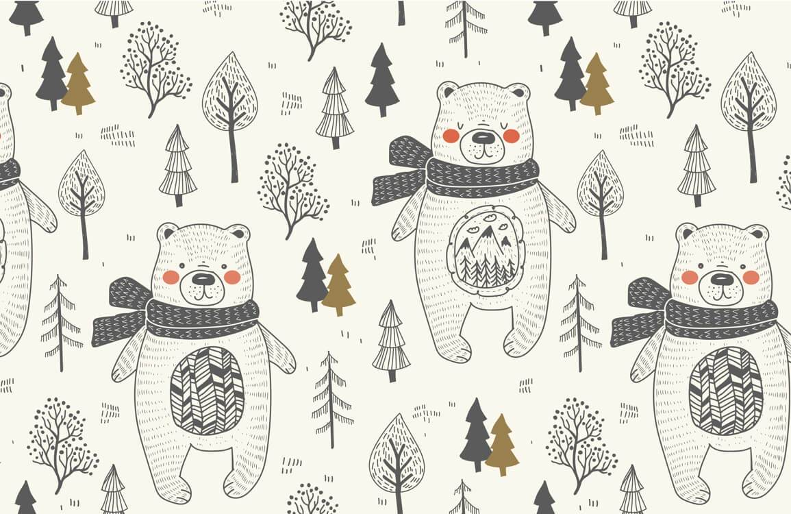 Bears in the forest wallpaper mural for use in interior design