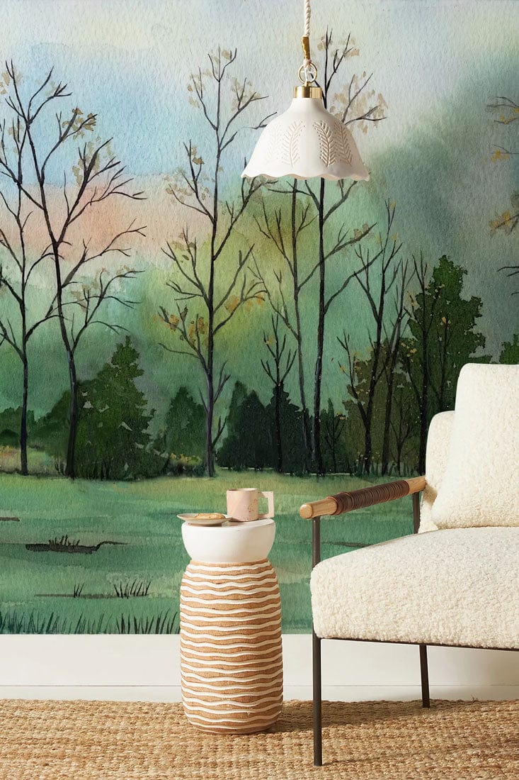 green forest wallpaper mural hallway design