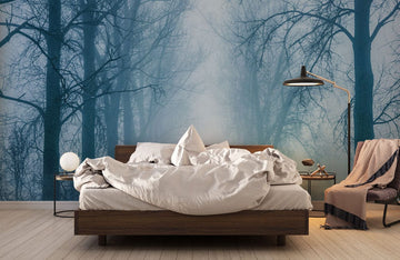 Misty Forest Road Blue Mural Wallpaper