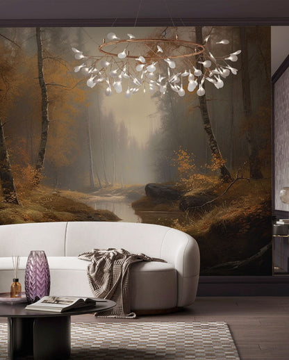 Misty Forest Creek Autumn Mural Wallpaper in living room