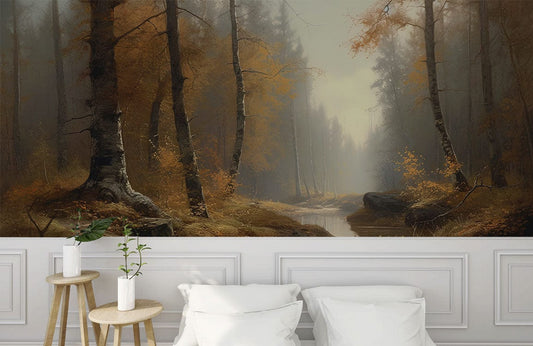 Misty Forest Creek Autumn Mural Wallpaper in living room