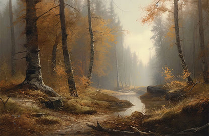 Misty Forest Creek Autumn Mural Wallpaper