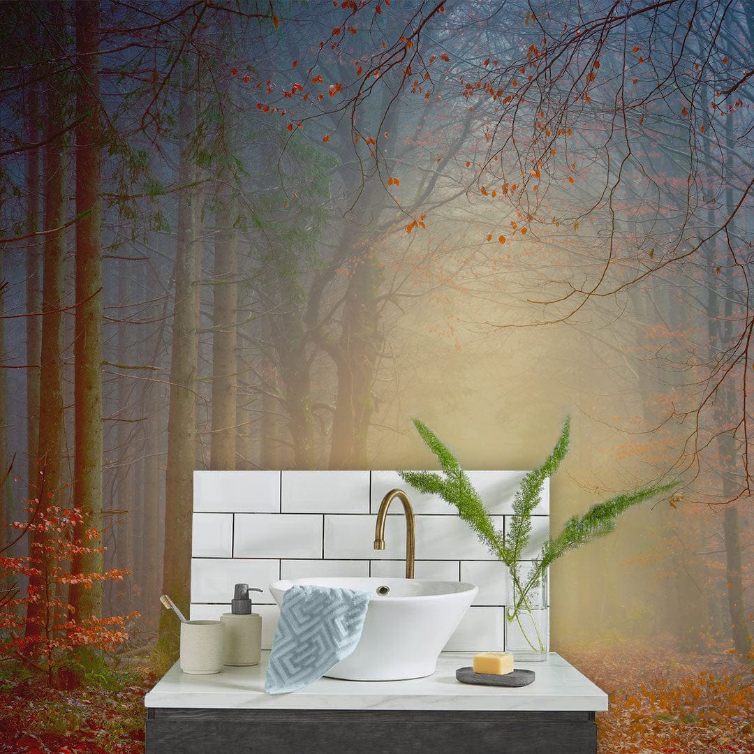 Bathroom Wall Mural Featuring a Scene from the Forest in Late Autumn