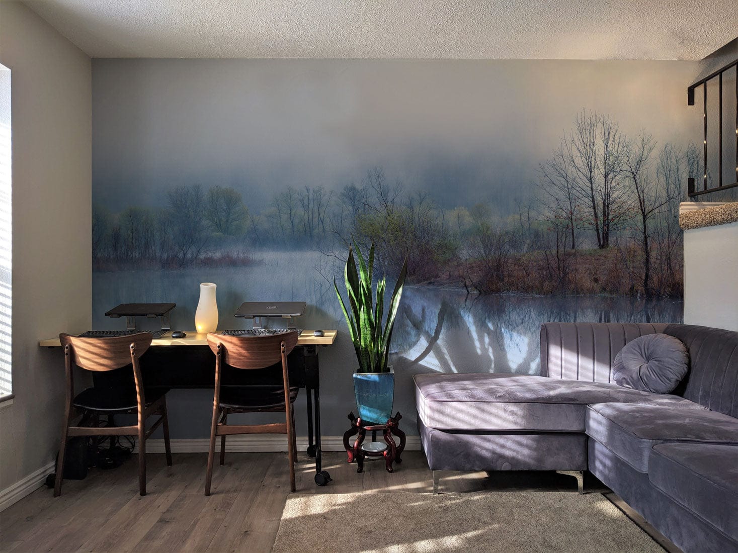 blue forest lake fog wall mural home office art design
