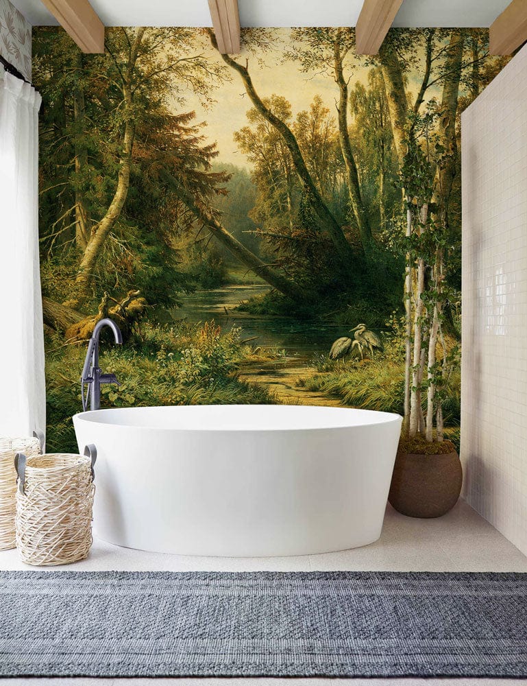 Wallpaper mural featuring a Woodland Scenery with Herons for Use in Decorating the Bathroom