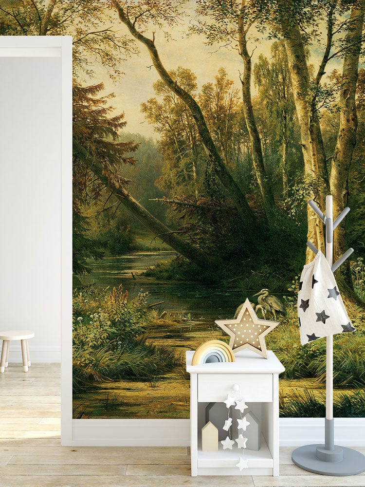 Wallpaper Mural for Home Decoration Featuring a Woodland Scene with Herons