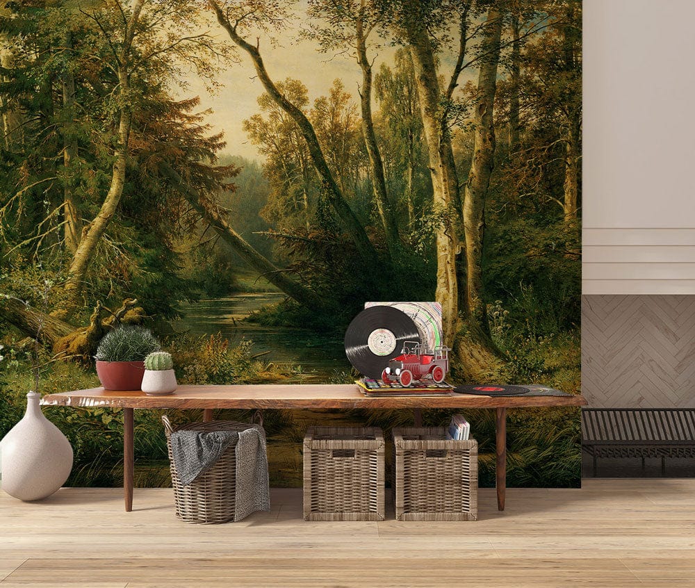 Wallpaper mural featuring a Woodland Scenery with Herons for the Living Room Decoration
