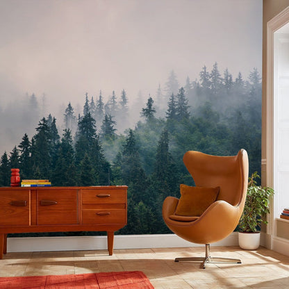 Misty Forest Scenic Landscape Mural Wallpaper in living room
