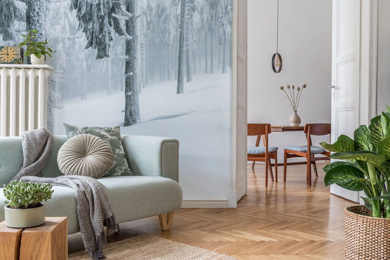 Decorate Your Home with this Winter Scene of a Forest on Snowy Wallpaper