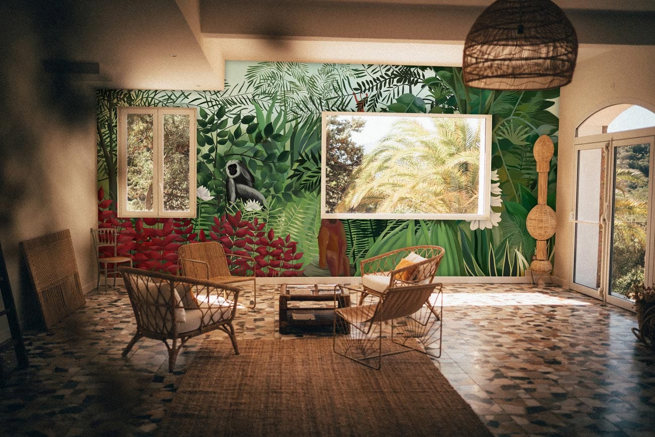 orangutan and green leaves wall murla lounge