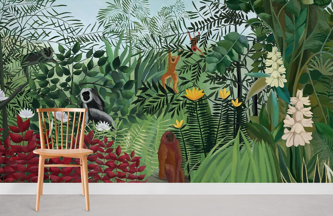 orangutan's life in green forest wallpaper for room
