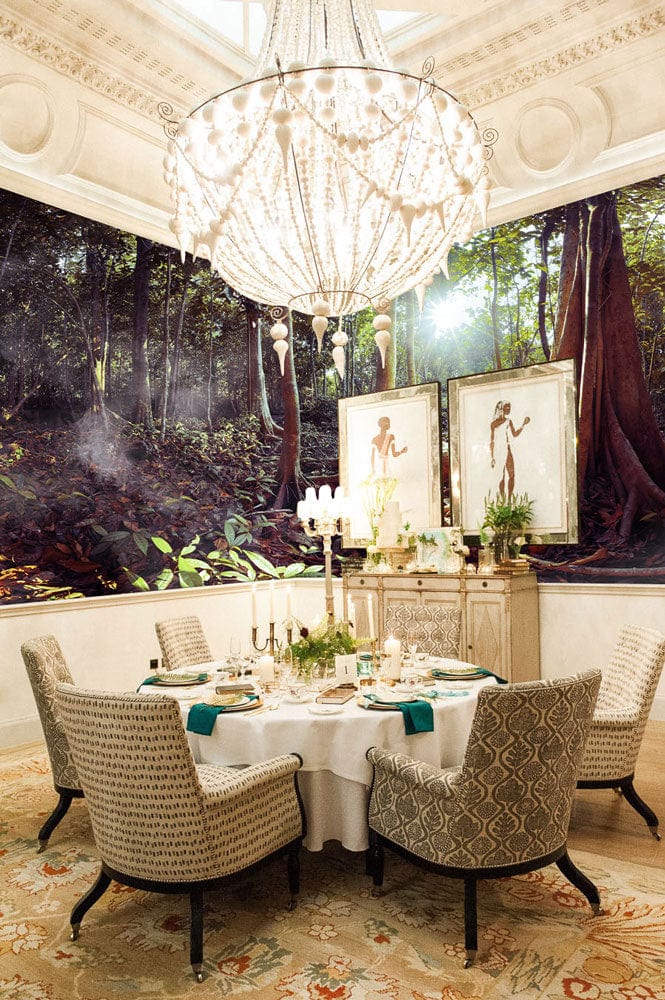 Custom-designed woodland and sunshine dining room mural