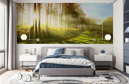 Bedroom wall murals of forest scenes in the sun are available