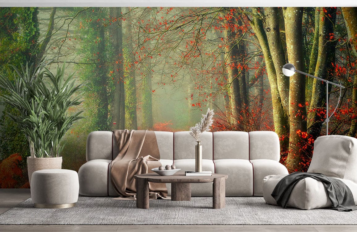 red leaves in forest wall mural living room decor