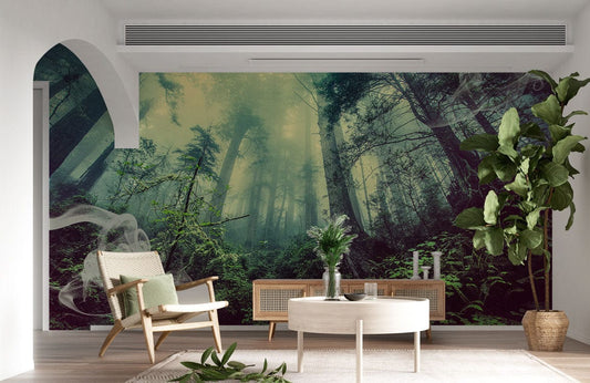 smoke in forest wall mural living room interior design