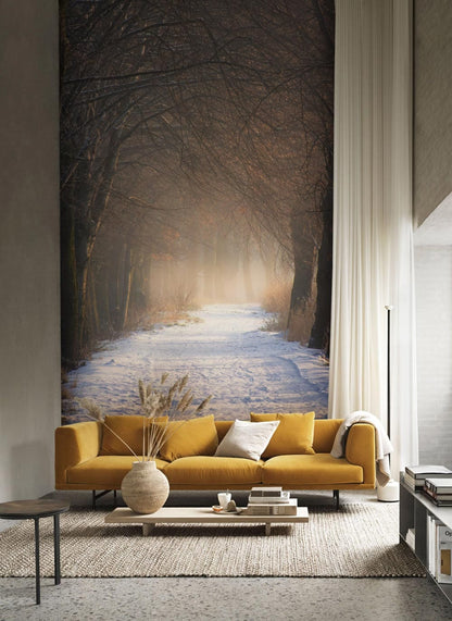 brown forest and white snow path wallpaper decoration