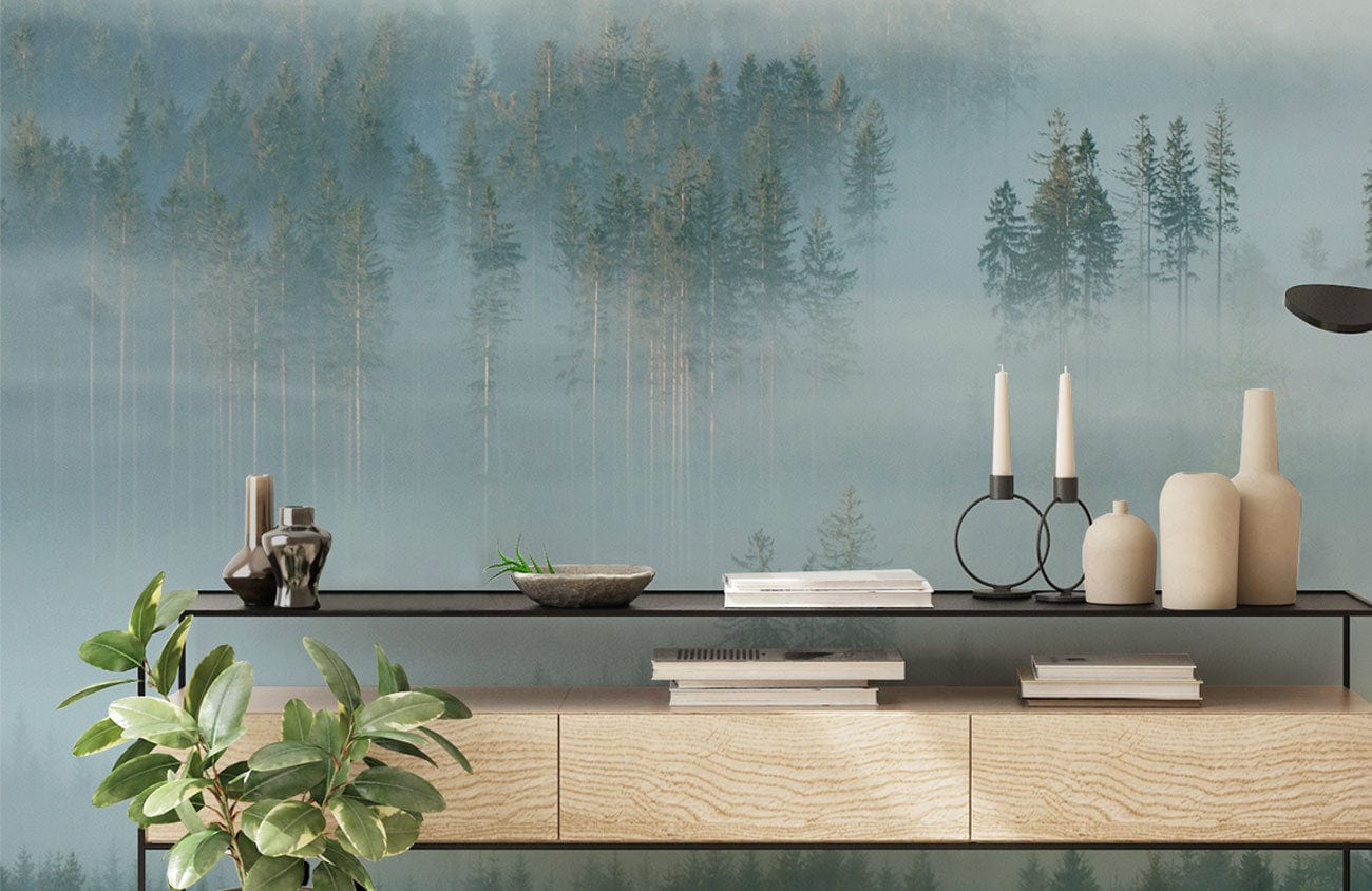 a green forest mural wallpaper for the family room