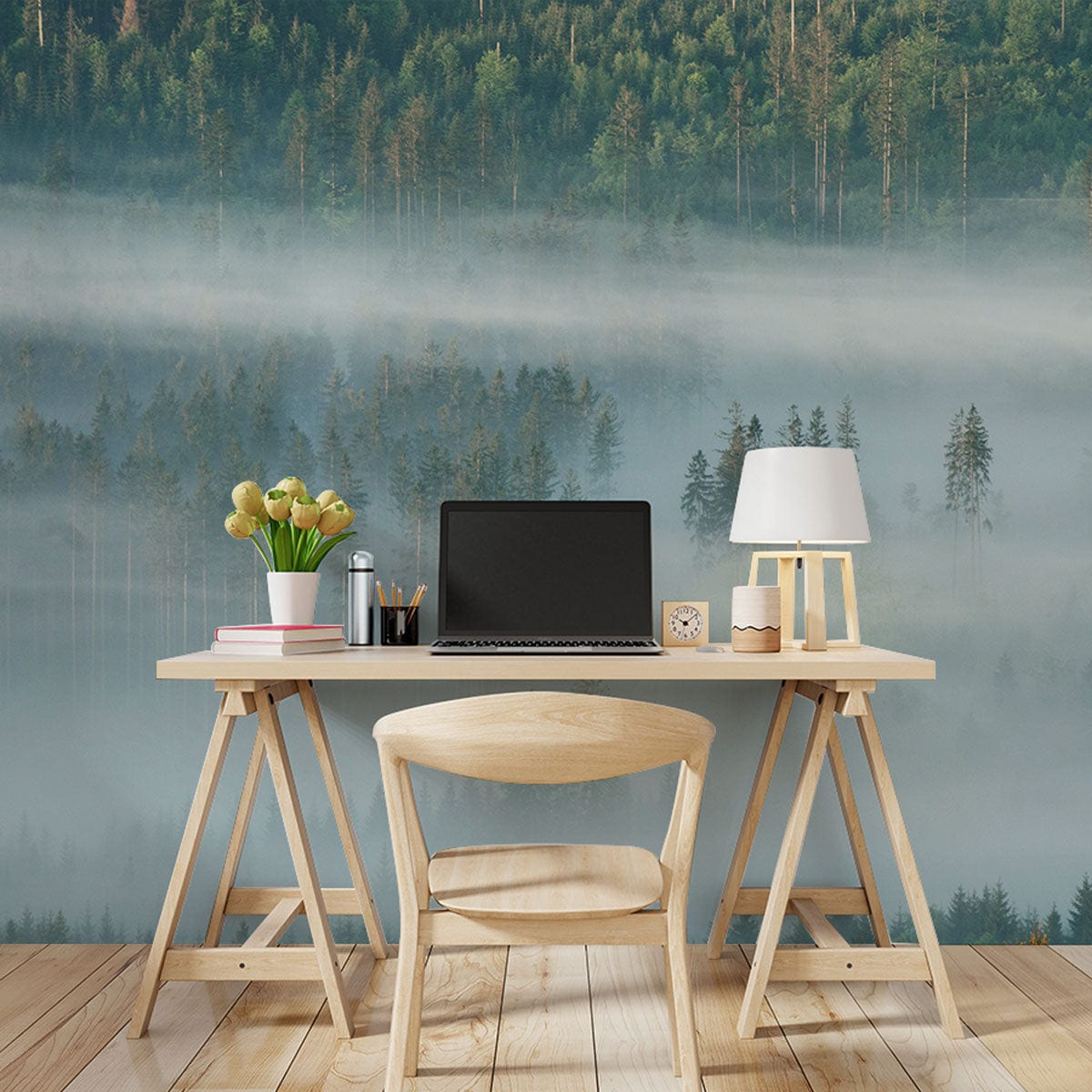 Designing an office with a green forest mural wallpaper