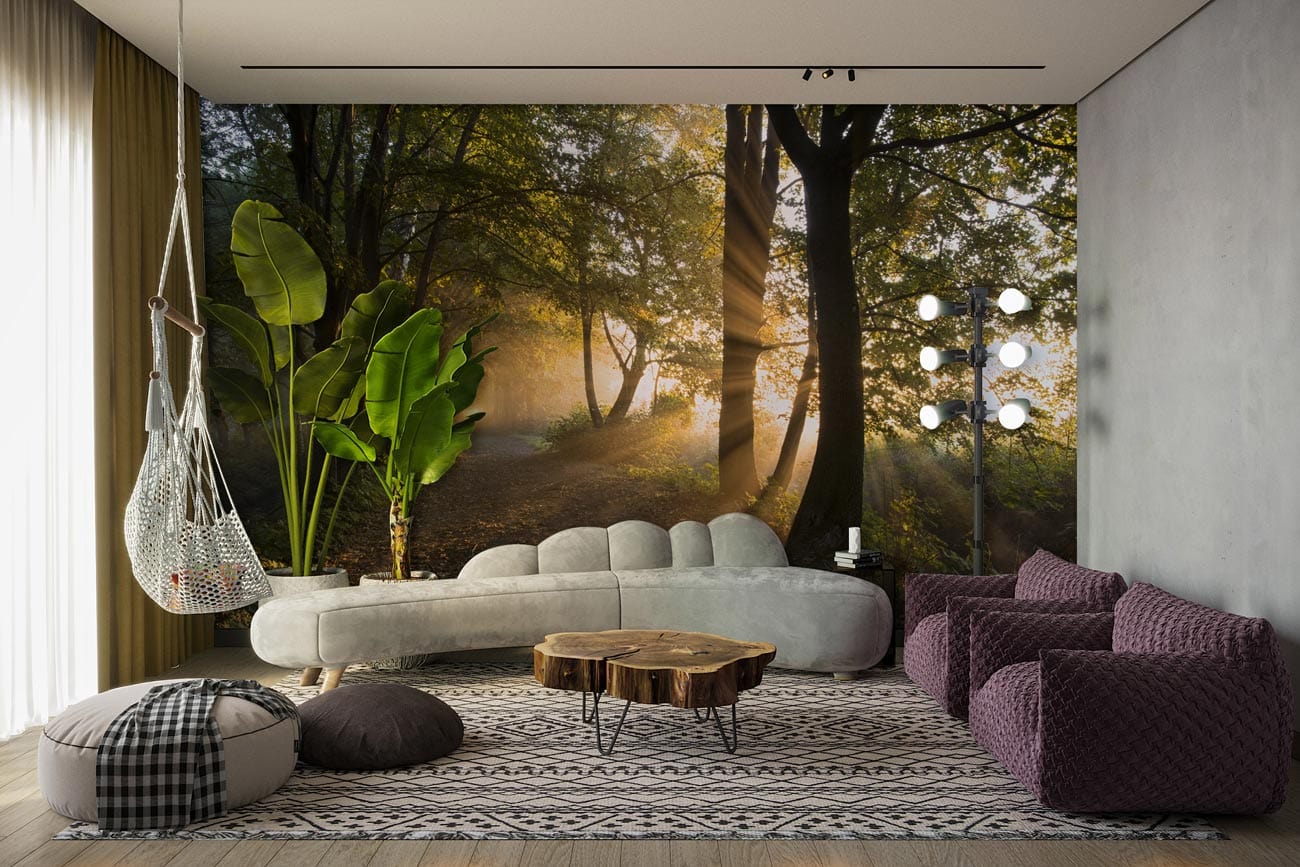 light through jungle trees wallpaper decoration art