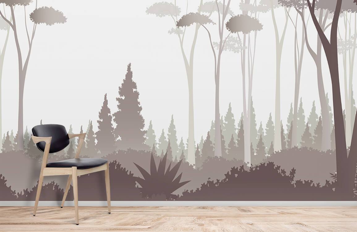 Home Decoration Featuring a Wallpaper Mural of a Misty Forest