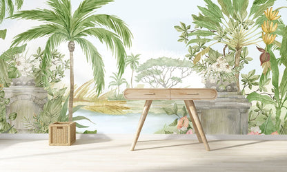 Wallpaper Mural with Fresh Forest in Watercolor for Hallway