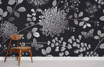 Elegant Floral and Butterfly Mural Wallpaper