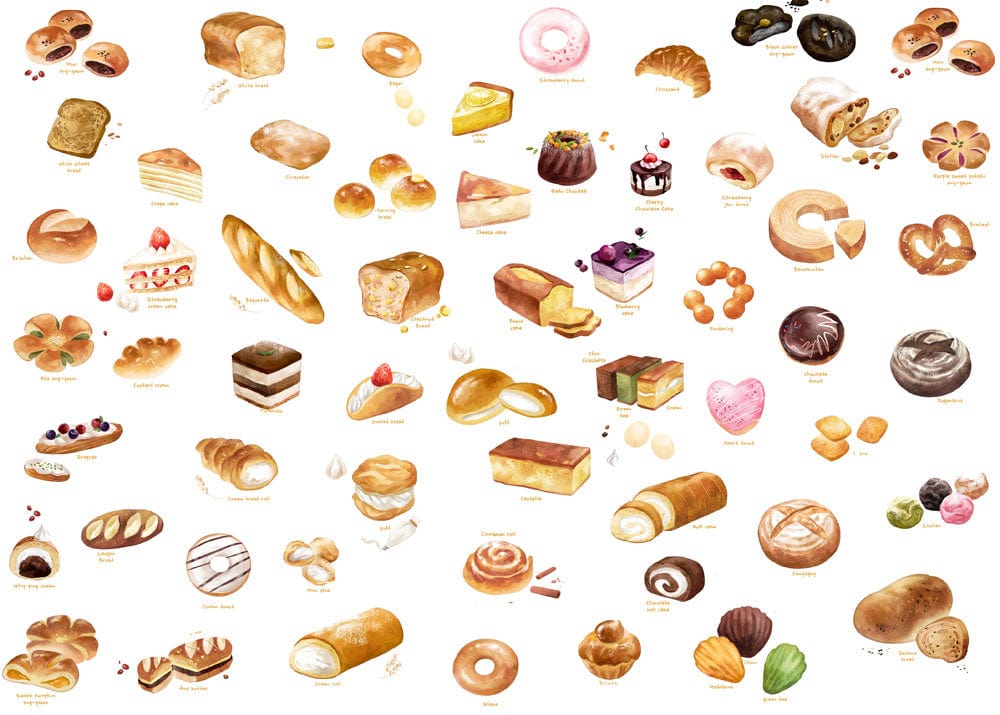 delicious breads and cakes mural wallpaper for room decoration