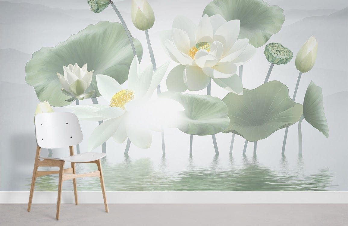 beautiful green leaves and white lotus wall mural