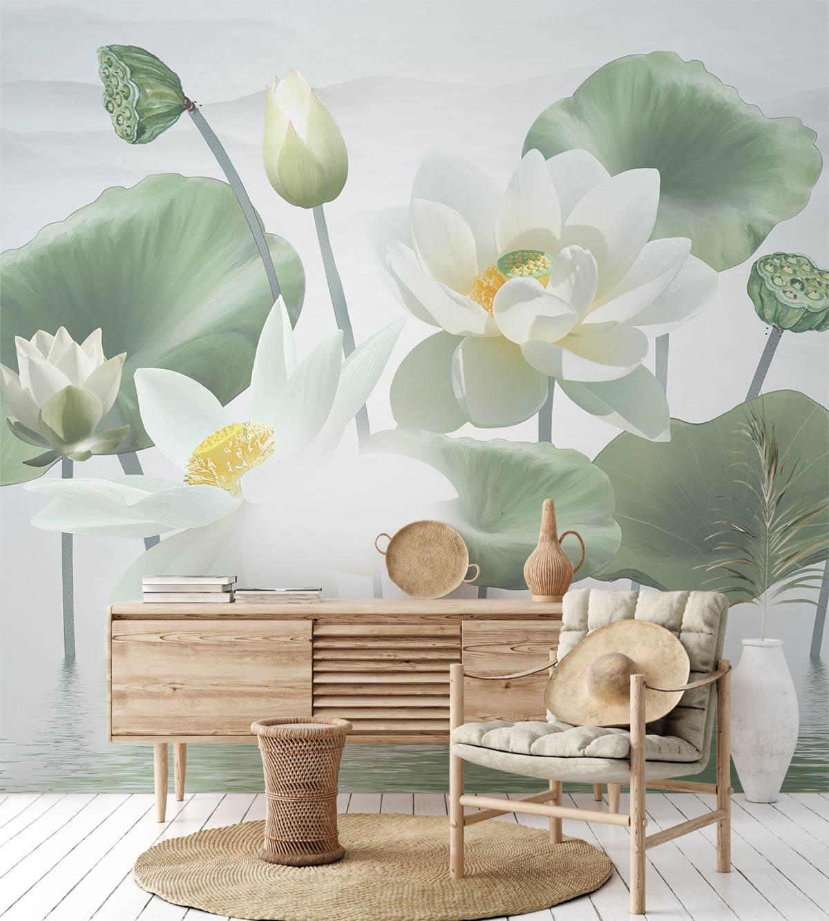 lotus flower wallpaper in living room